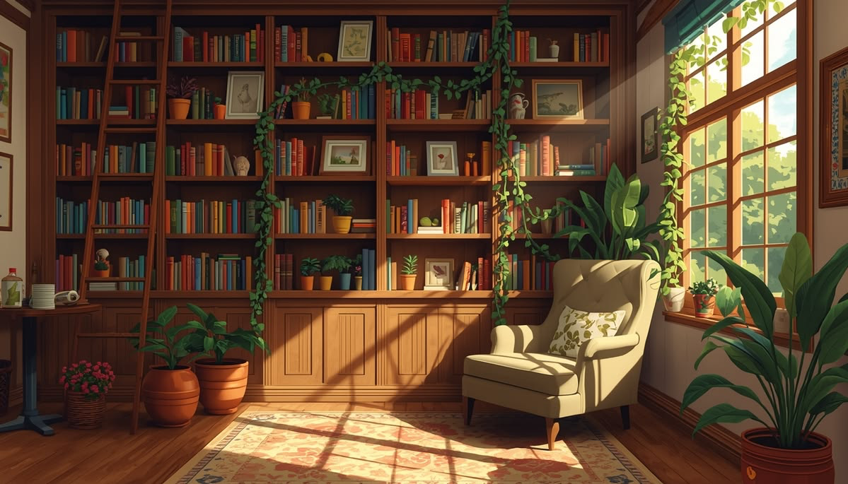 Estudio acogedor con librero de madera, plantas, un sillón y luz entrando por la ventana